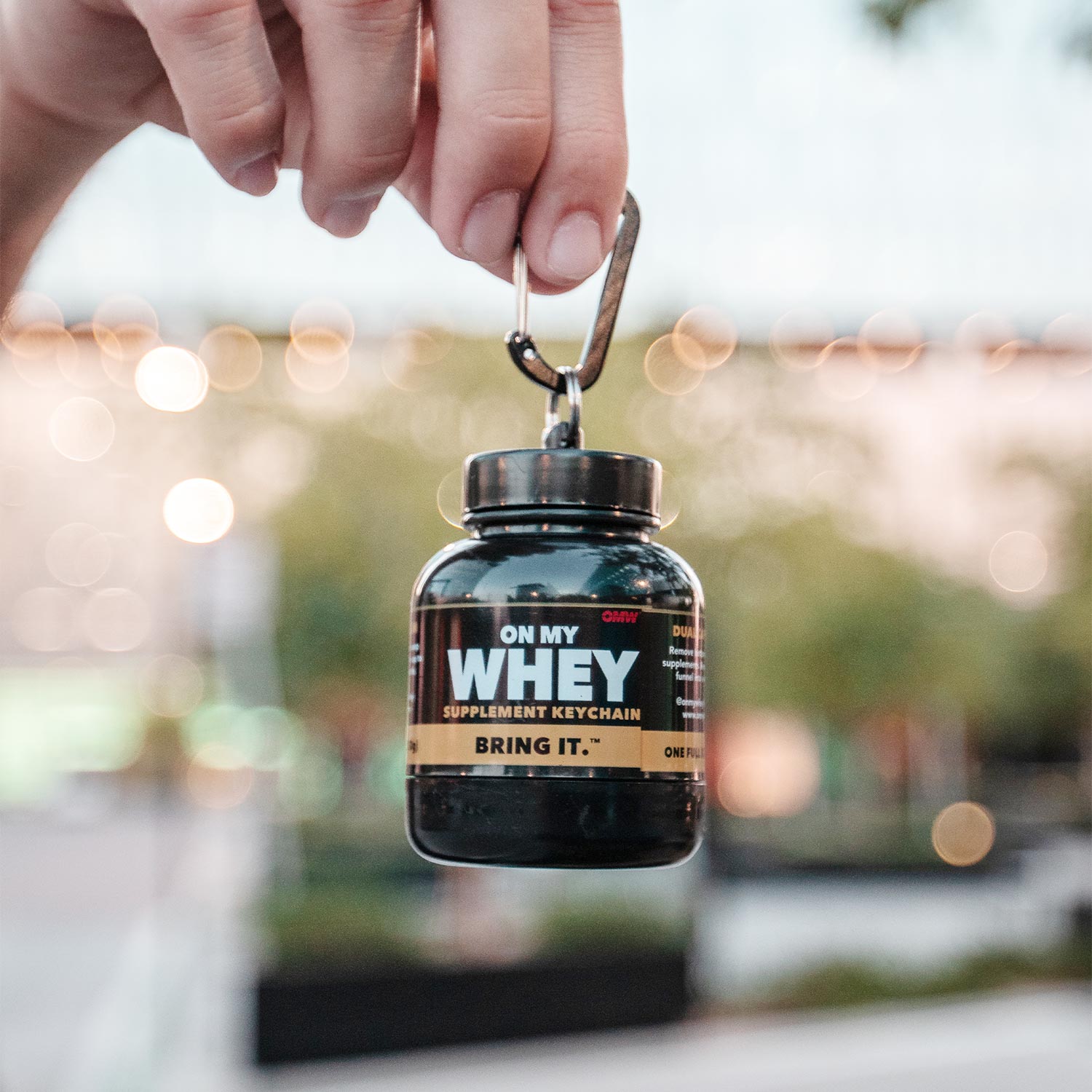 OnMyWhey Protein Container with Funnel and Keychain, 75cc Single