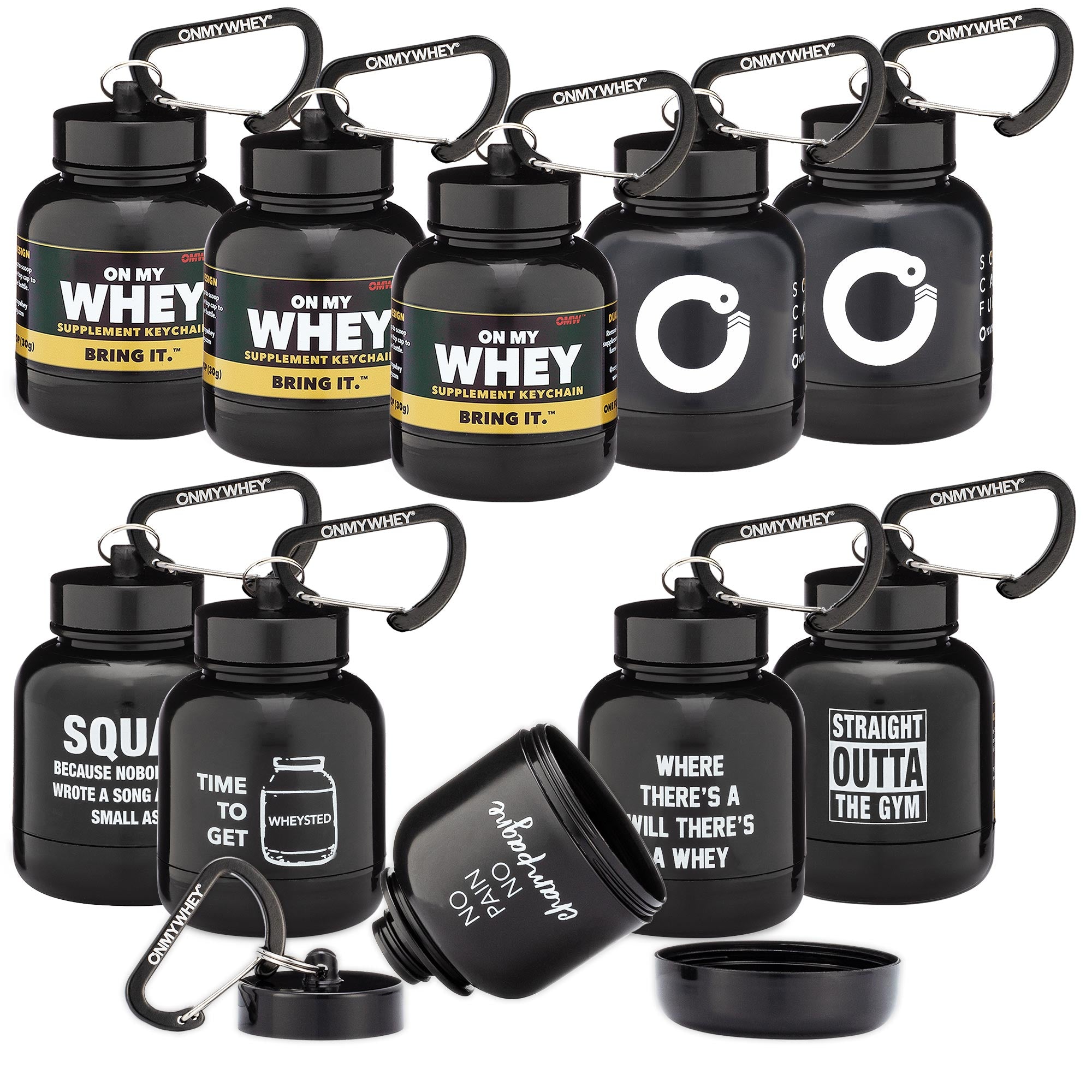 OnMyWhey - Single Scoop (75cc) + Double Scoop (180cc) Combo Pack Protein  Powder and Supplement Funnel Keychain